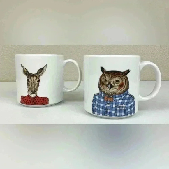WEST ELM x Rachel Kozlowski Set of 2 Dapped Animals Mugs Barn Owl Deer Ceramic - Picture 1 of 10